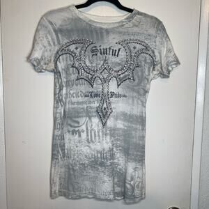 Sinful Y2K Affliction Angel Wing Bling Silver White Burnout Tee Indie Tumblr Med